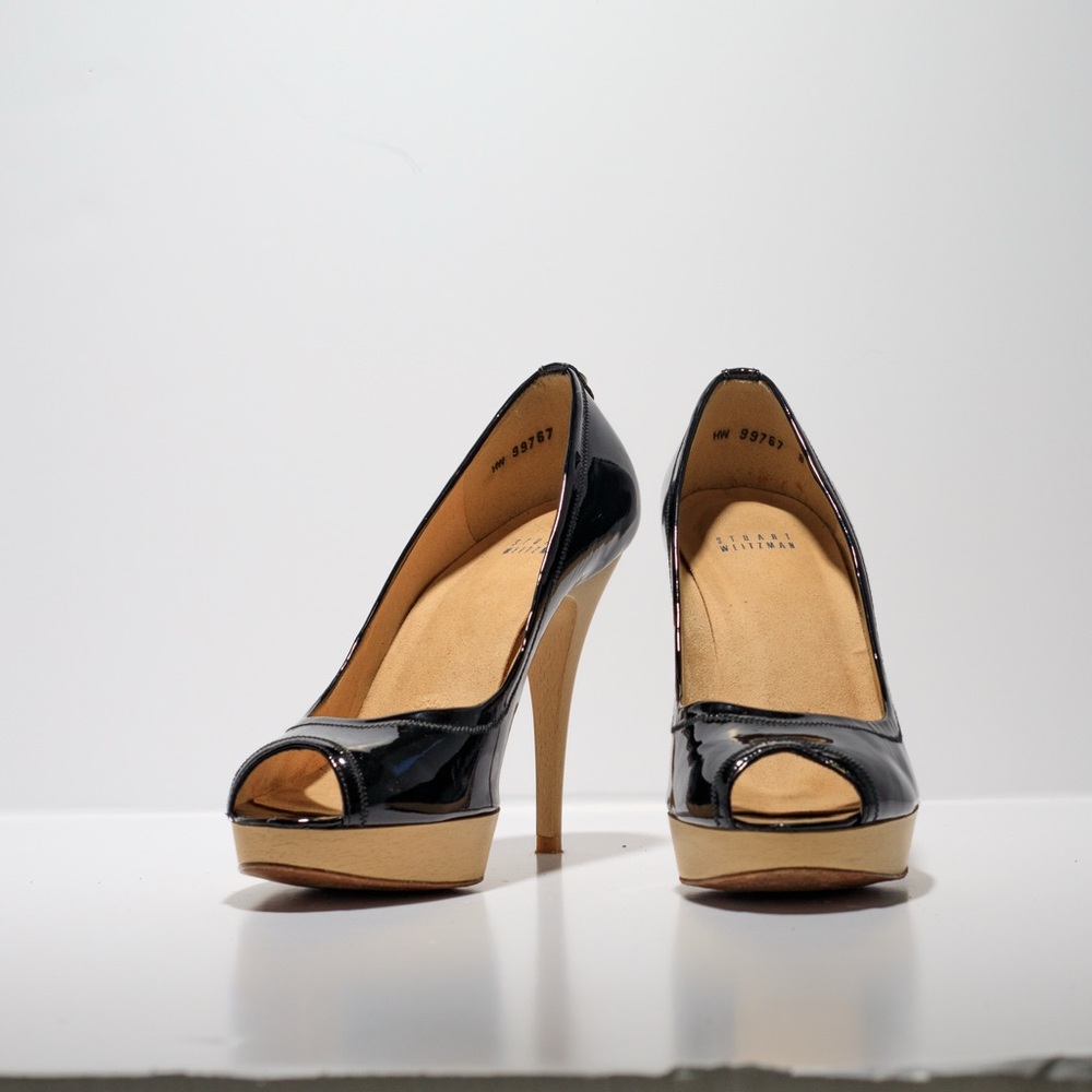 Stuart Weitzman Glossy Black Peep Toe Heels